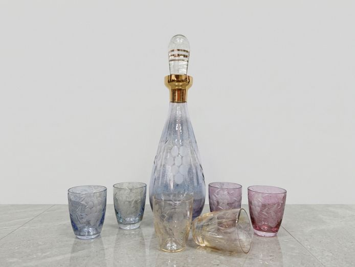 Vintage Art Deco Etched Glass Decanter and Multi-Colored Liqueur Set