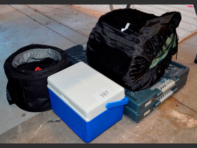 INFLATABLE MATTRESS [Condition unknown], COLLAPSIBLE CRATES, CAMPING BRAAI, COLEMAN COOLER BOX, etc