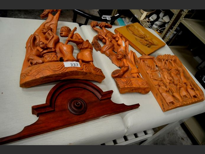 CARVED AFRICAN WALL PLAQUES, etc