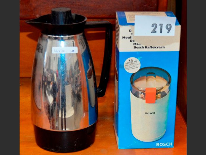 VINTAGE BOSCH COFFEE MILL & A VINTAGE FLASK