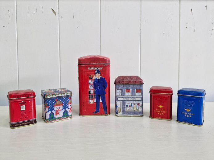 Set of 6 British & Novelty Tea Tin Collection 