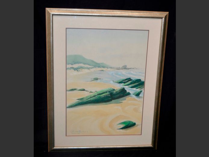 FRAMED MIXED MEDIA "BEACH SCENE" SIGNED GERBER, 76 x 54cm