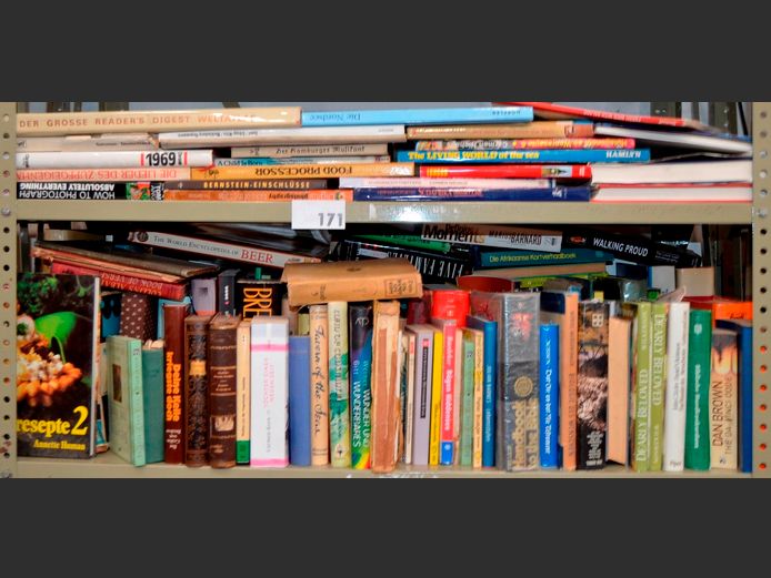LOT ON 2 SHELVES: COFFEE TABLE BOOKS, NOVELS, etc