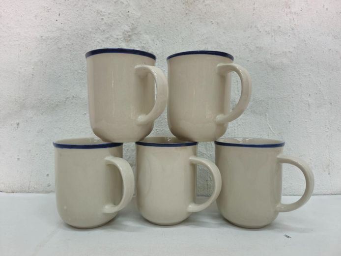 Cream Ceramic Coffee Mugs with Blue Trim