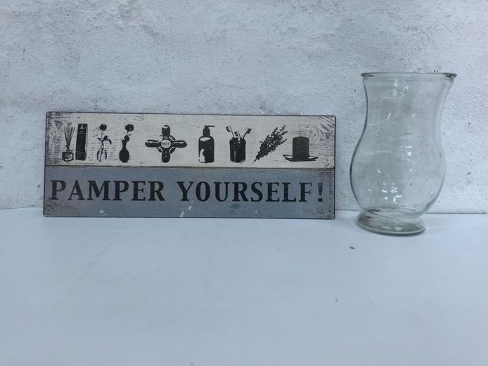 Rustic "Pamper Yourself" Bathroom Plaque with Clear Glass Vase