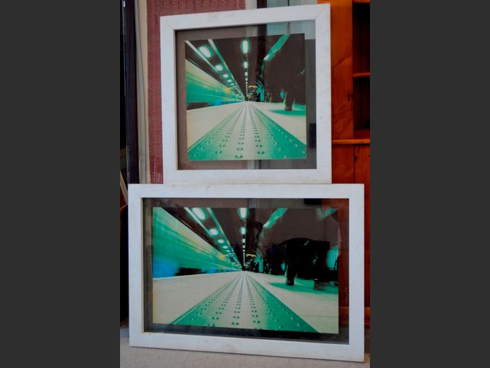 SET OF 2 BOX FRAMED PHOTOGRAPHIC PRINTS "TRAIN STATION", 120 x 84cm & 85 x 85cm [43494-5]
