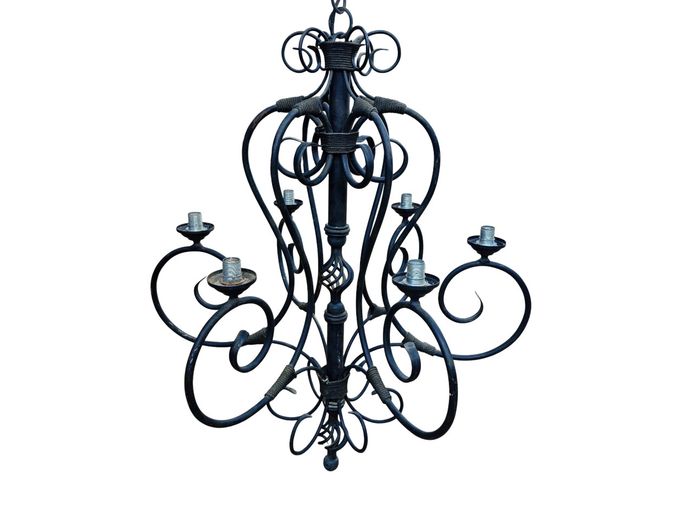 Magnificently Large Spanish-Style Wrought Iron 6-Light Chandelier
