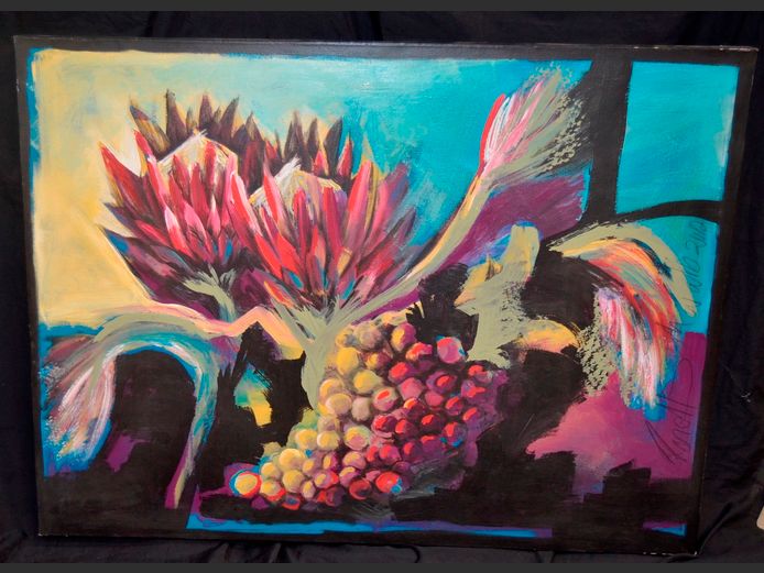UNFRAMED OIL ON CANVAS "PROTEAS" SIGNED RONELL SCHWALB, 122 x 91cm