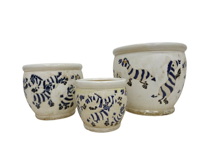 Trio of Ceramic Zebra Motif Planters