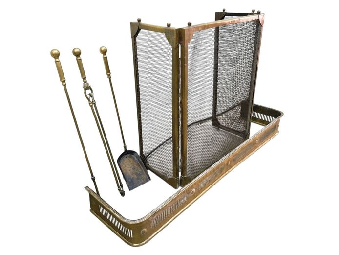 Vintage Brass Fireplace Screen, Fender & Tools