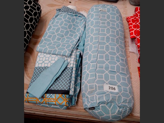BLUE & WHITE CURTAINS, BOLSTER CUSHION, DUVET COVER & NIGHT FRILL