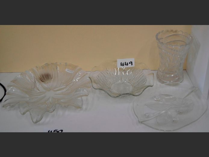 EMBOSSED GLASS BOWLS, CRYSTAL VASE [Chip to lip], etc