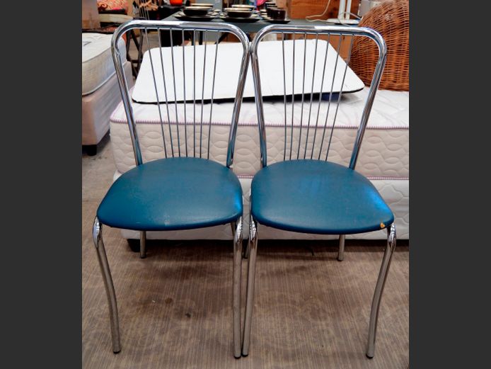 PAIR FRITZ-HANSEN 1970's CHROME & BLUE BISTRO CHAIRS [Hole to 1 chair]