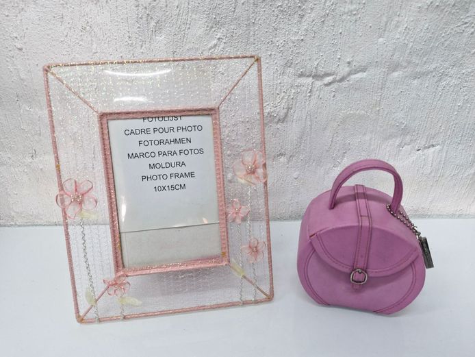 Pink Mesh Wire Flower Photo Frame & Mini Purse Jewelry Box Set