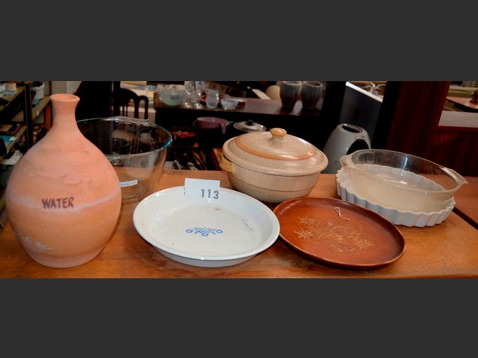 CORNINGWARE PIE DISH, STONEWARE SERVING DISH WITH LID, etc