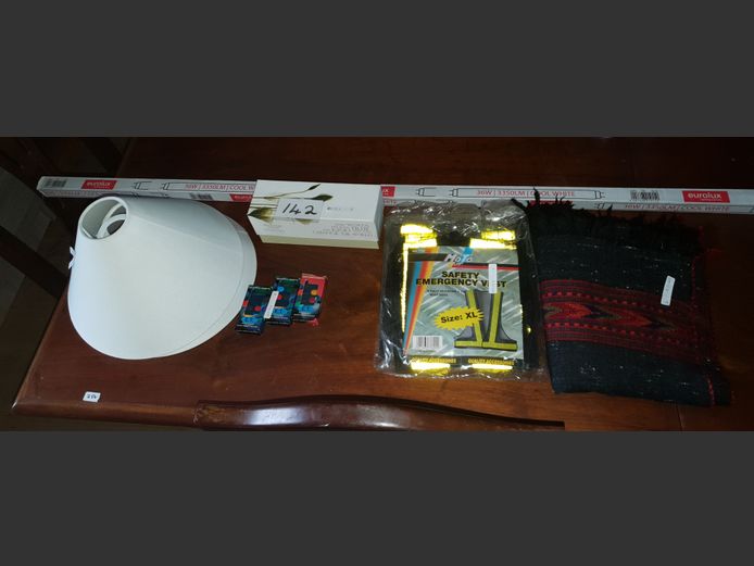 LOT: SAFETY VESTS, E.T REMOTES, PORCELAIN VOTIVES, etc