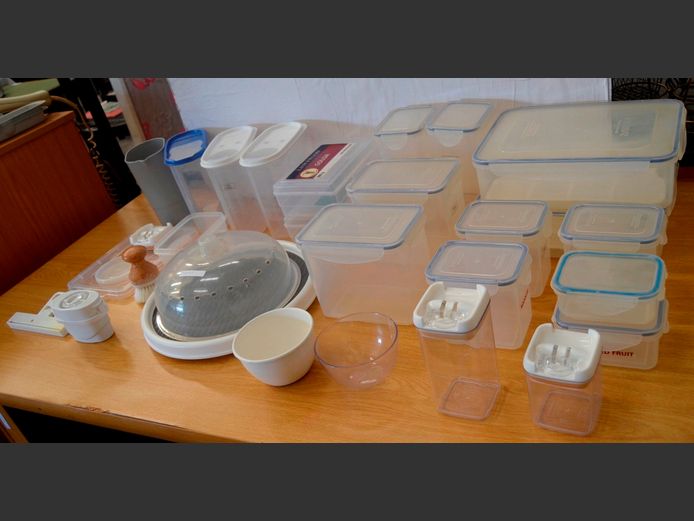 PLASTIC STORAGE CONTAINERS WITH LIDS, JUG, etc