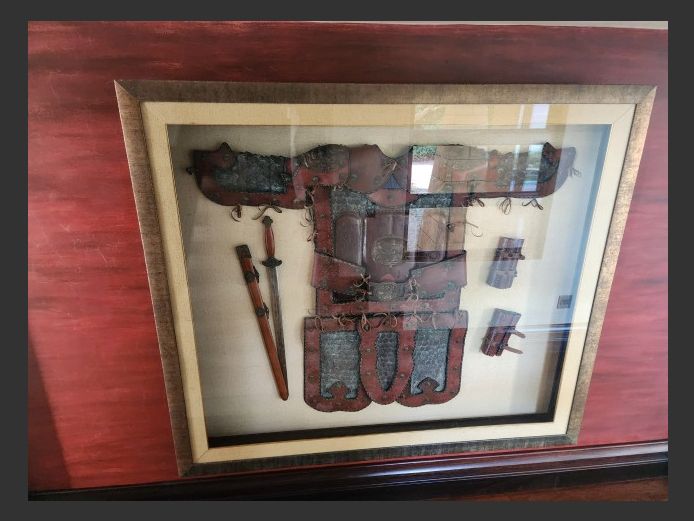 LARGE FRAMED JAPANESE WARRIOR LEATHER & LACQUERED METAL SUIT OF ARMOUR  & SWORD