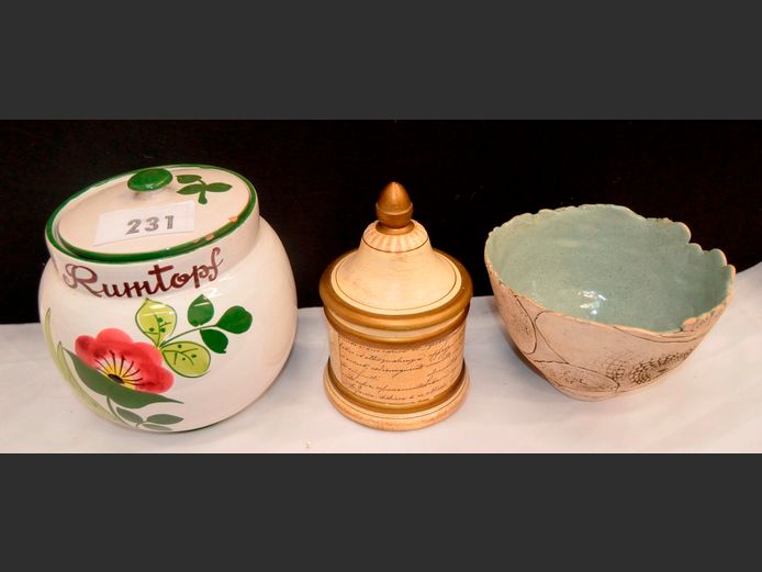 GINGER JAR WITH LID, TOBACCO JAR WITH LID & A BOWL