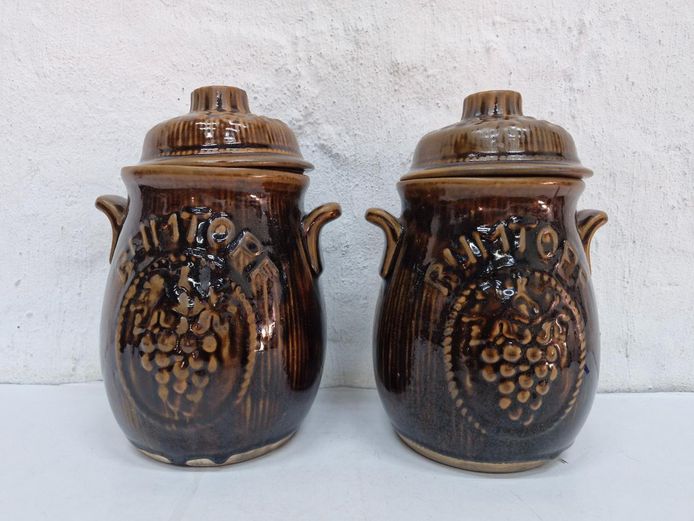 Large Pair of Vintage West German Brown Ceramic Rumtopf Jars