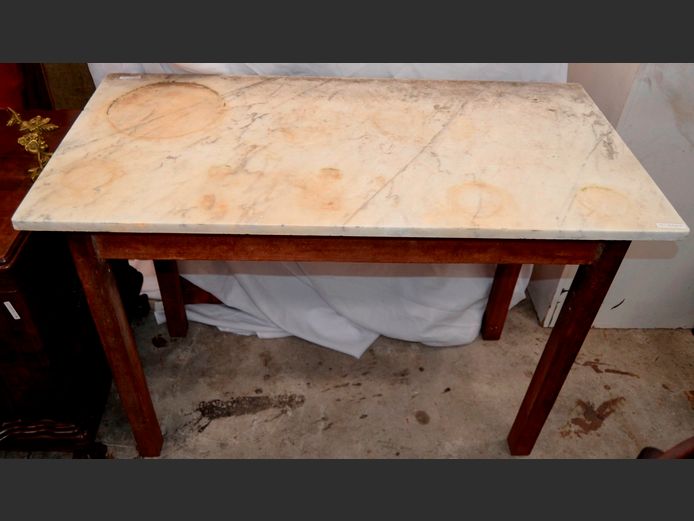 MARBLE TOP TABLE ON MERANTI BASE, 107 x 53.5 x 77cm [Needs a clean]