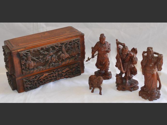 INTRICATELY CARVED CHINESE BOX, 3 CARVED FIGURINES OF CHINESE MEN, etc