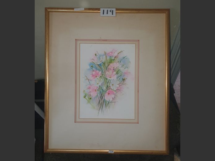 FRAMED WATERCOLOUR "COSMOS" SIGNED LIENKIE LOMBARD, 26 x 15cm