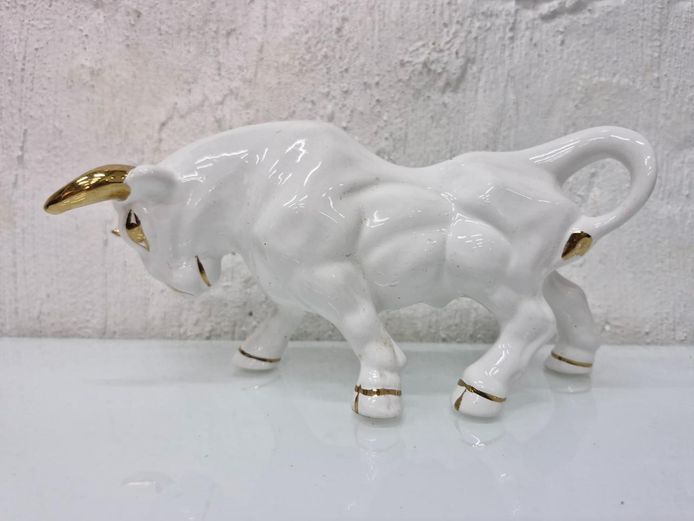 White Ceramic Charging Bull Figurine - Gold Gilt Accents