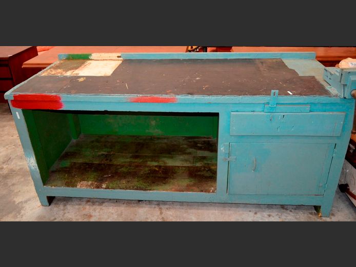 BLUE PAINTED WORK TABLE WITH VICE, 207 x 76 x 95cm