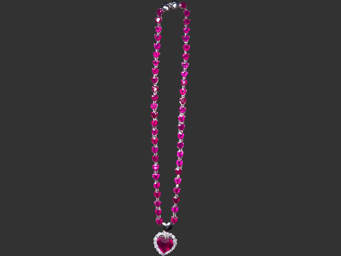 18CT WHITE GOLD DIAMOND & RUBY NECK CHAIN (38g) 18 x ROUND BRILLIANT CUT DIAMONDS (COLOUR : H)(CLARITY Si) 50 HEART SHAPED 6MM RUBIES (+- 1CT EACH)14x12MM RUBY (+- 6CT)