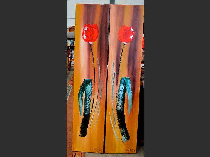 PAIR  SIGNED OILS ON CANVAS "POPPIES", 182.5 x 40cm