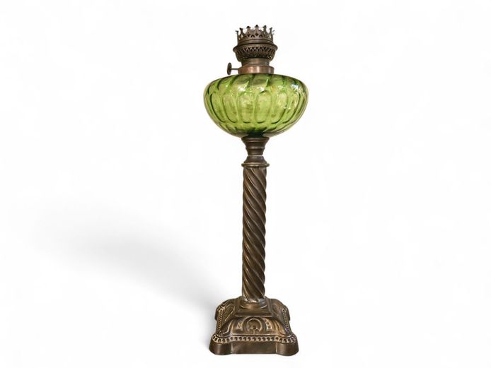 Victorian Kerosene Oil Lamp with Copper & Green Glass Oil Well