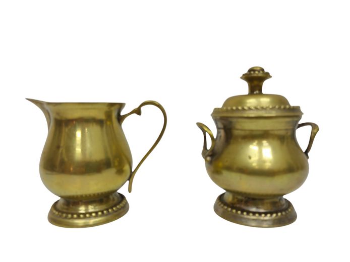 Vintage Beaded Solid Heavy Brass Milk Jug & Covered Sugar Pot Set
