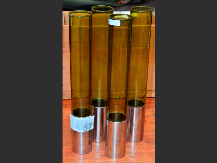 SET OF 4 GREEN & CHROME TUBULAR VASES, 34cm High