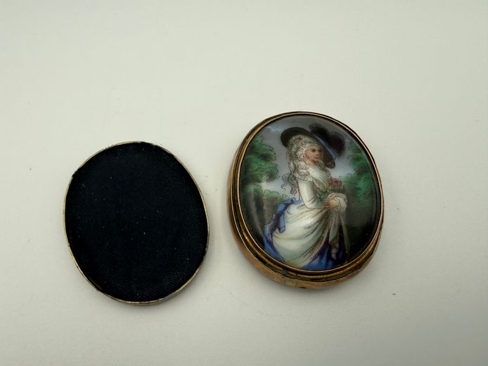 Antique Georgian miniature portrait mourning brooch with glazed hand-painted enamel and original hair compartment, c. 1800–1830