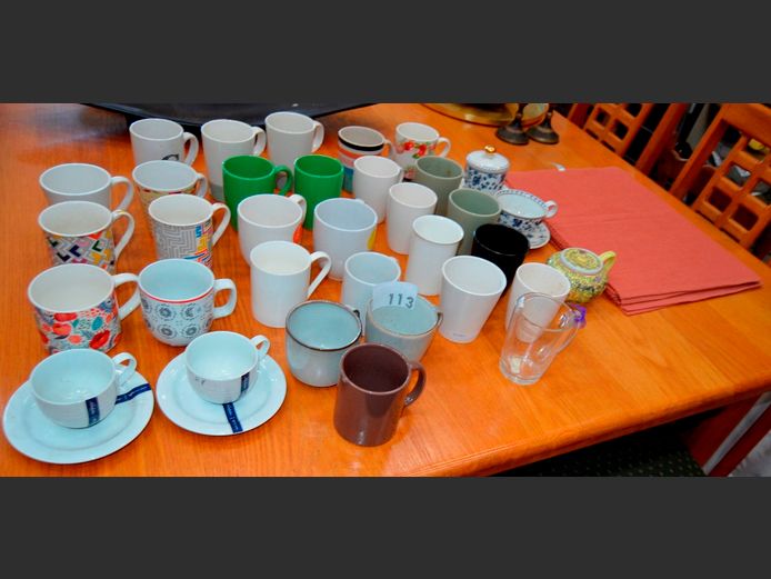 ASSORTED MUGS, TEAPOT, etc