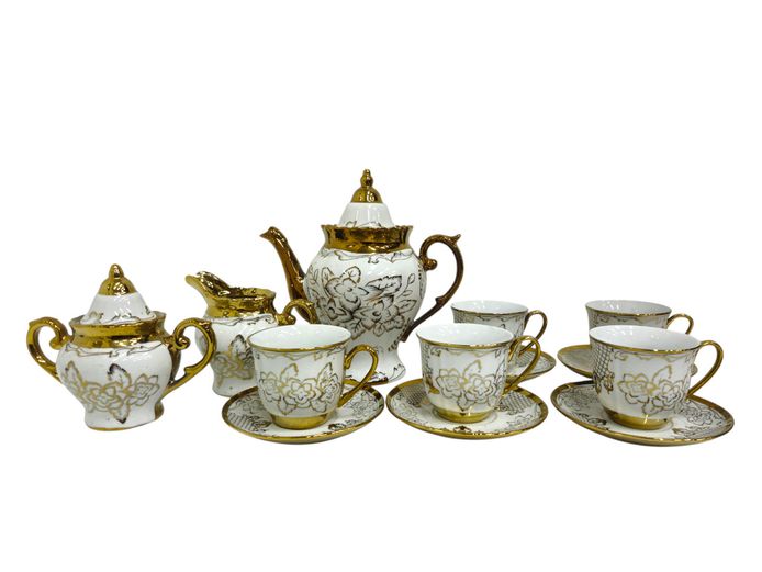 Vintage White and Gold Gilded Porcelain Tea Set with Floral Motifs