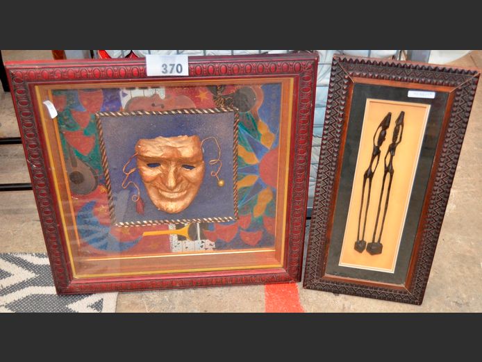 BOX FRAMED AFRICAN ARTWORK & BOX FRAMED DRAMA MASK, 53 x 53cm & 53 x 25cm