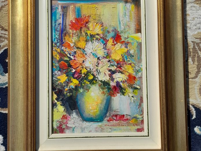 MARTIE ODENDAAL FLOWERS IN BOWL OIL ON BOARD