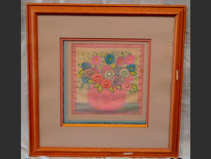 FRAMED "FLOWERS IN VASE" ON FABRIC, 34 x 34cm
