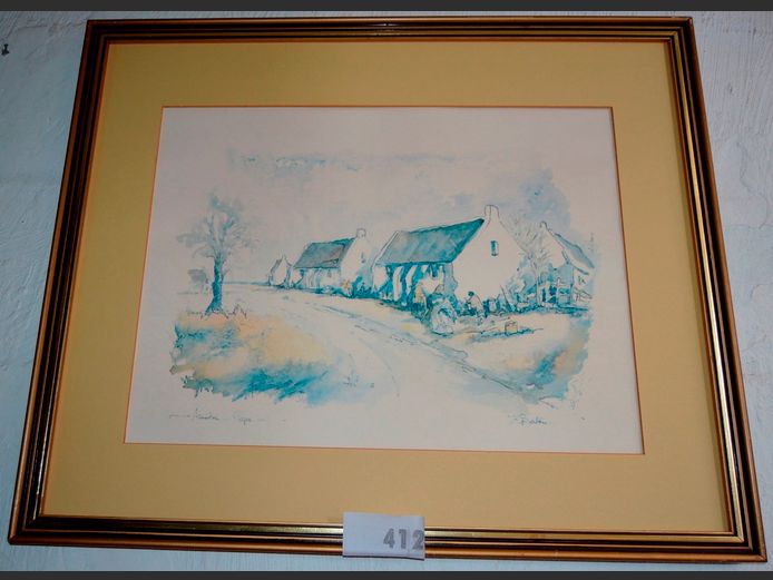 GILT FRAMED PRINT "COTTAGES, 47 x 35cm