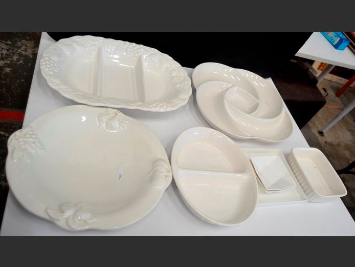 WHITE CERAMIC SNACK PLATES, etc