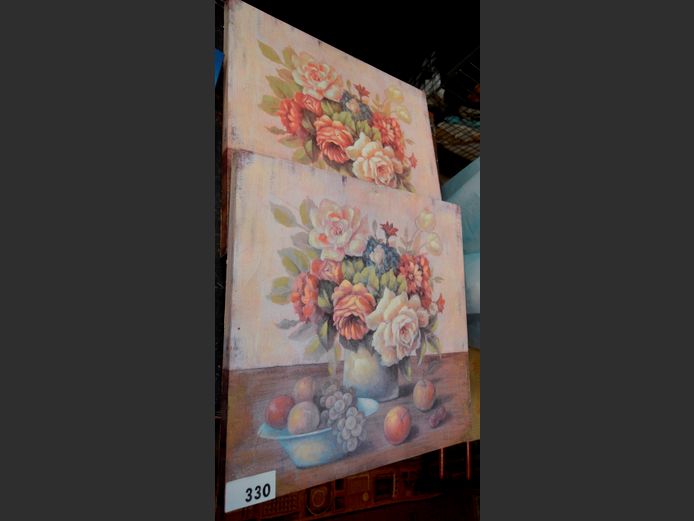 PAIR UNFRAMED MIXED MEDIA ON BOARD "FLOWERS", 51 x 51cm