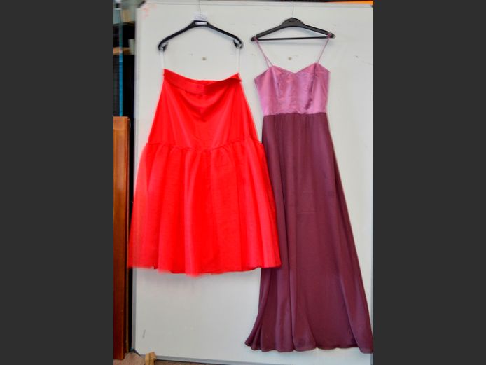 PURPLE DRESS & A RED SKIRT
