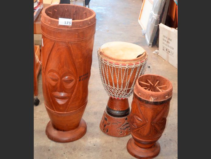 LOT OF 3: AFRICAN DRUMS, 89cm High, 61cm High & 52cm High [Incomplete]
