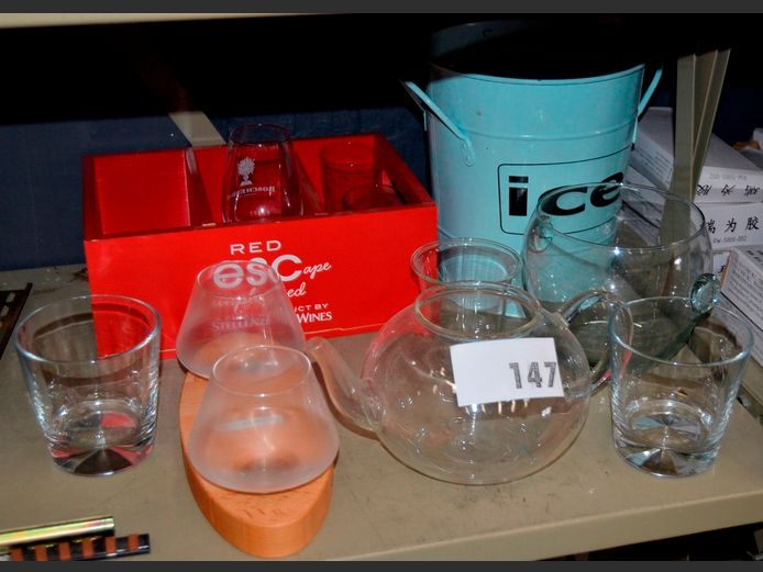 GLASS TEAPOT, ICE BUCKET, DRINKING GLASSES, etc