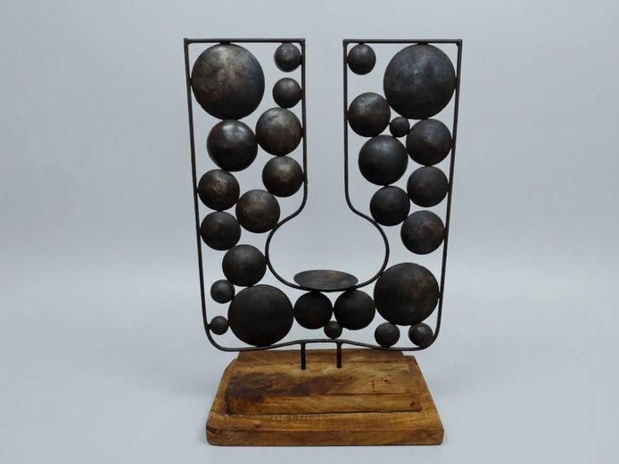 Brutalist Modernism Welded Metal and Wood Abstract Candle Holder