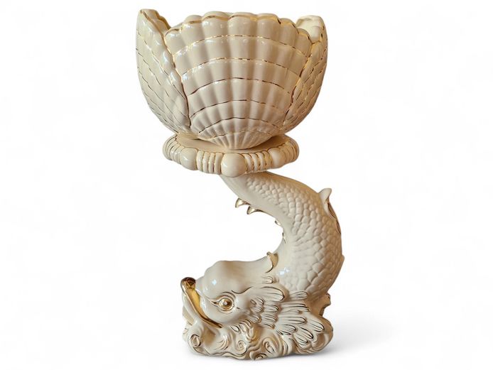 Vintage Ceramic Koi Fish Shaped Pedestal with Massive Planter