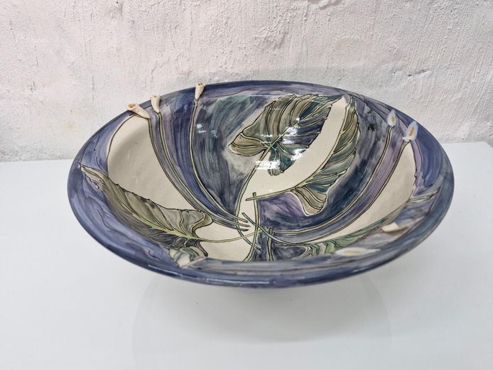 Pottery Bowl - Hand-Painted Calla Lily & Monstera Ceramic Décor