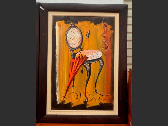 DARKWOOD FRAMED OIL ON BOARD "CHAIR", 89 x 59cm